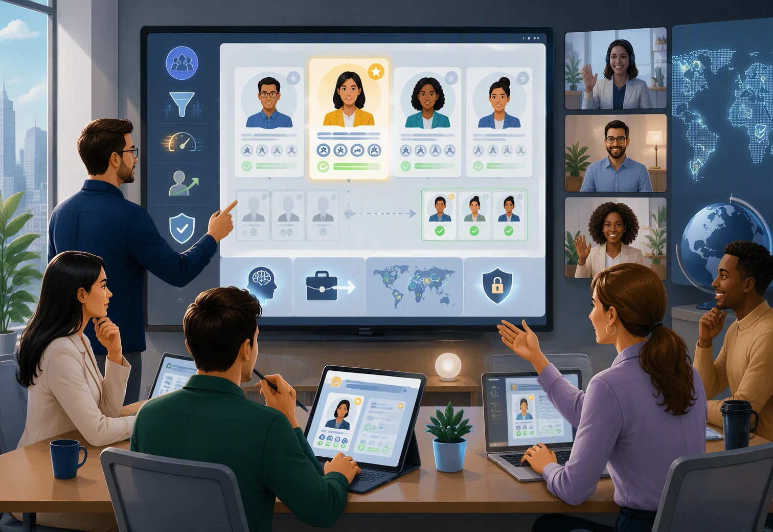 Global talent team reviewing AI-screened profiles on video call