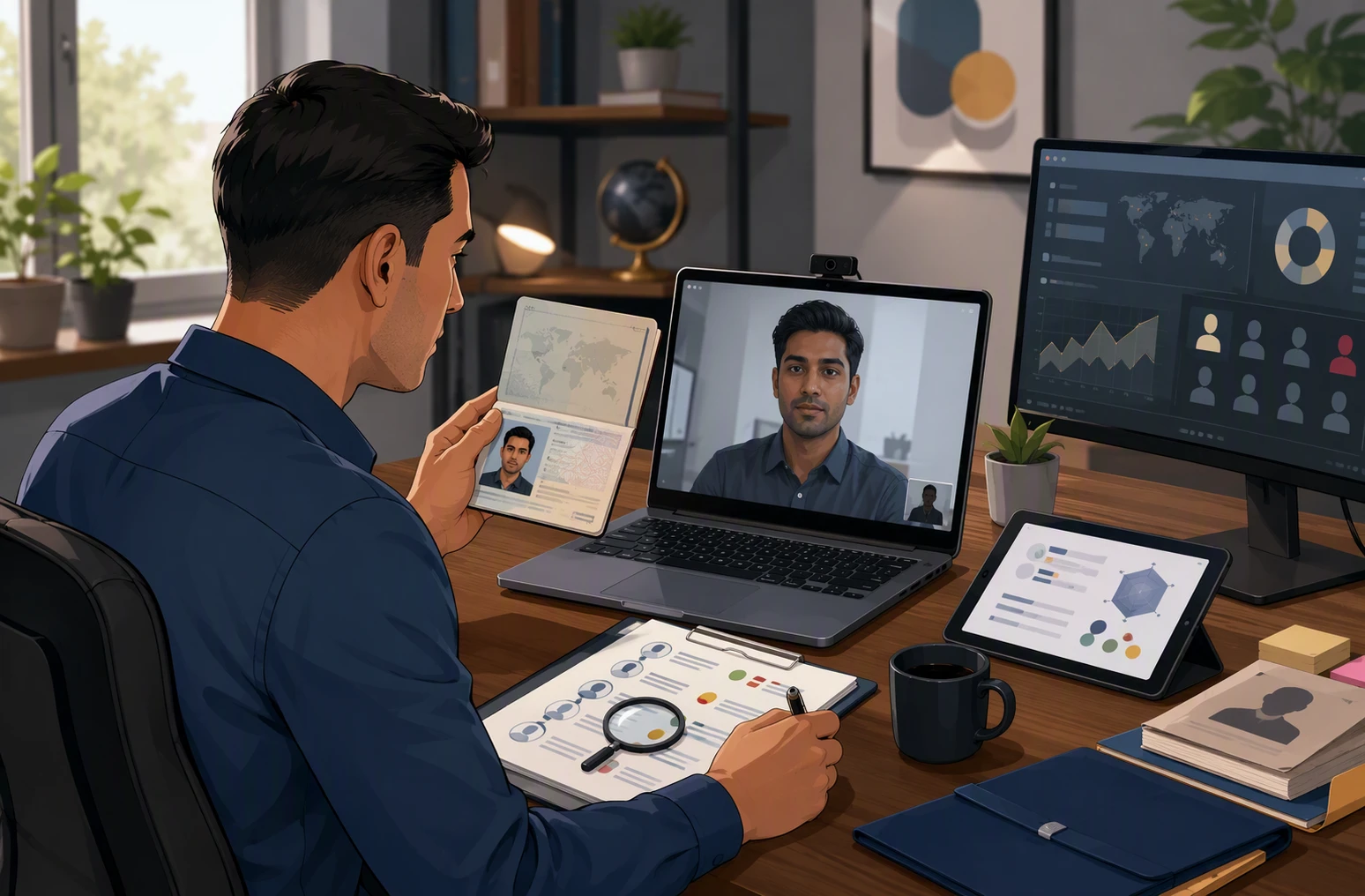 Recruiter reviewing passport during remote interview
