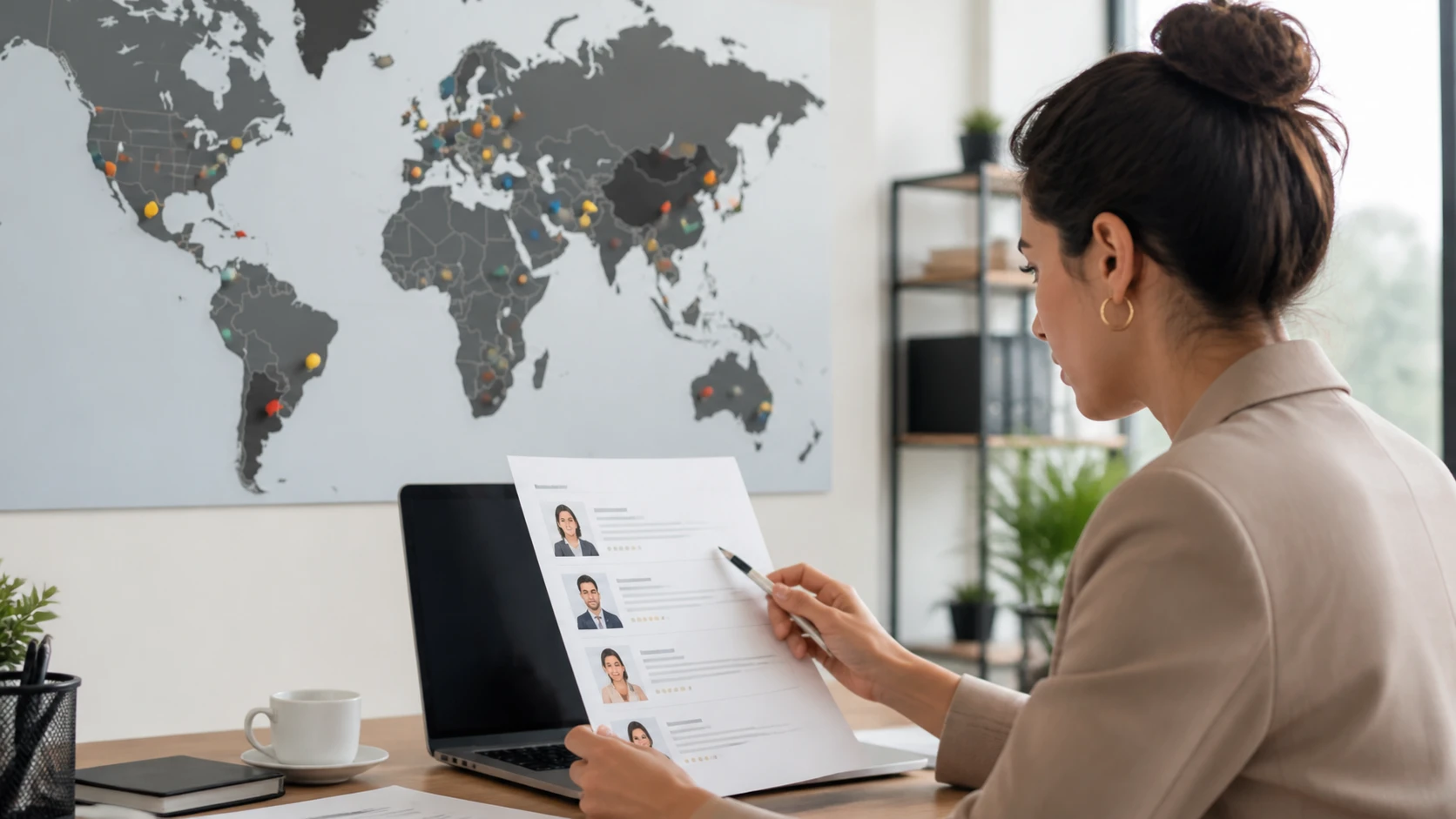 Recruiter reviewing international candidate shortlist beside world map