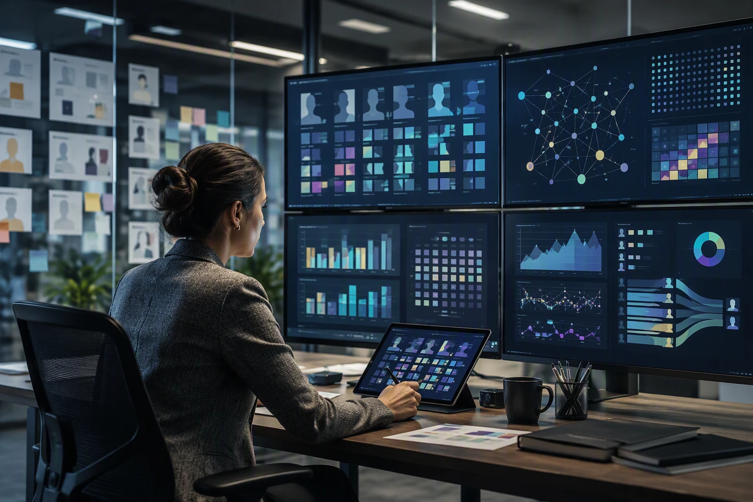 Recruiter analyzing candidate skill metrics in a modern hiring war room