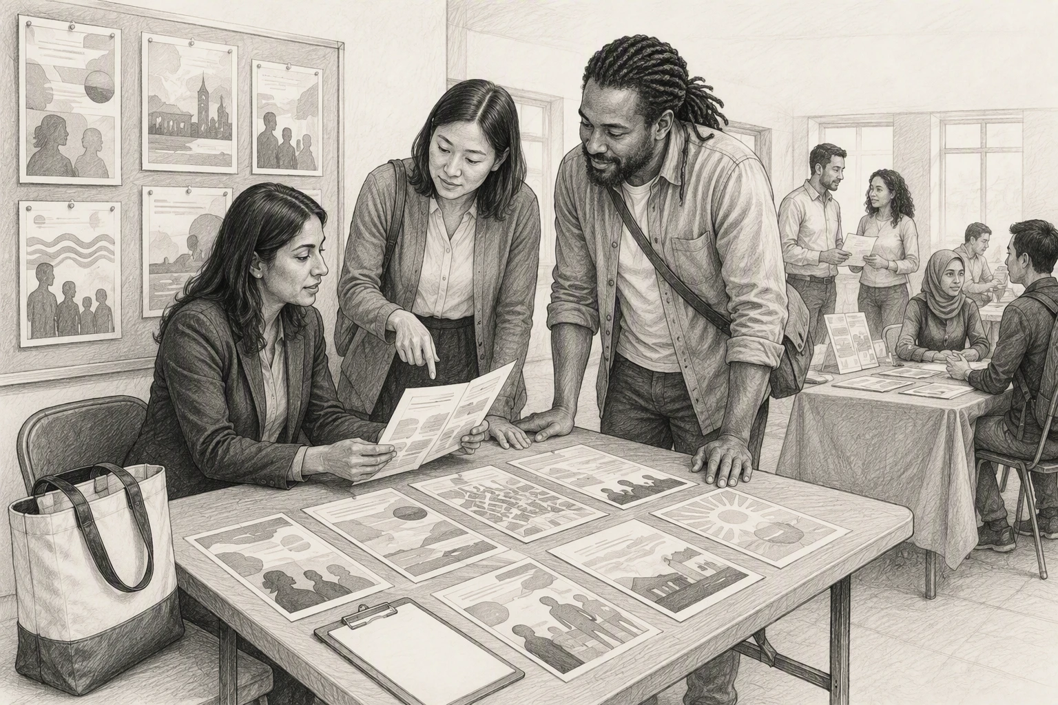 Recruiter collaborates with community partners reviewing localized career flyers
