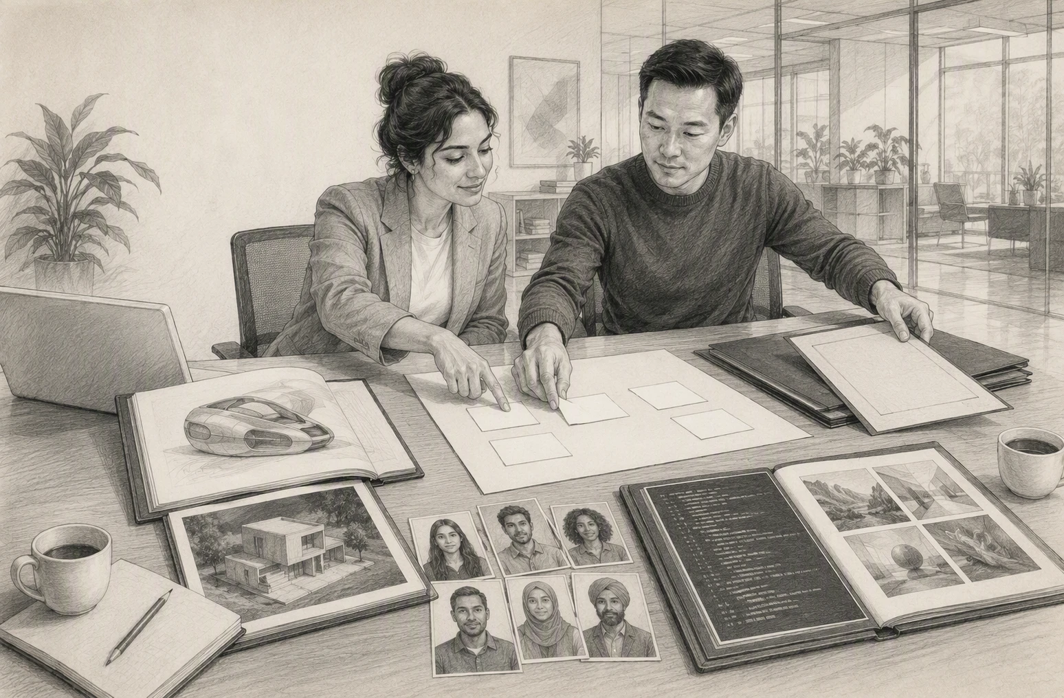 Recruiter and manager reviewing diverse candidate portfolios by skill