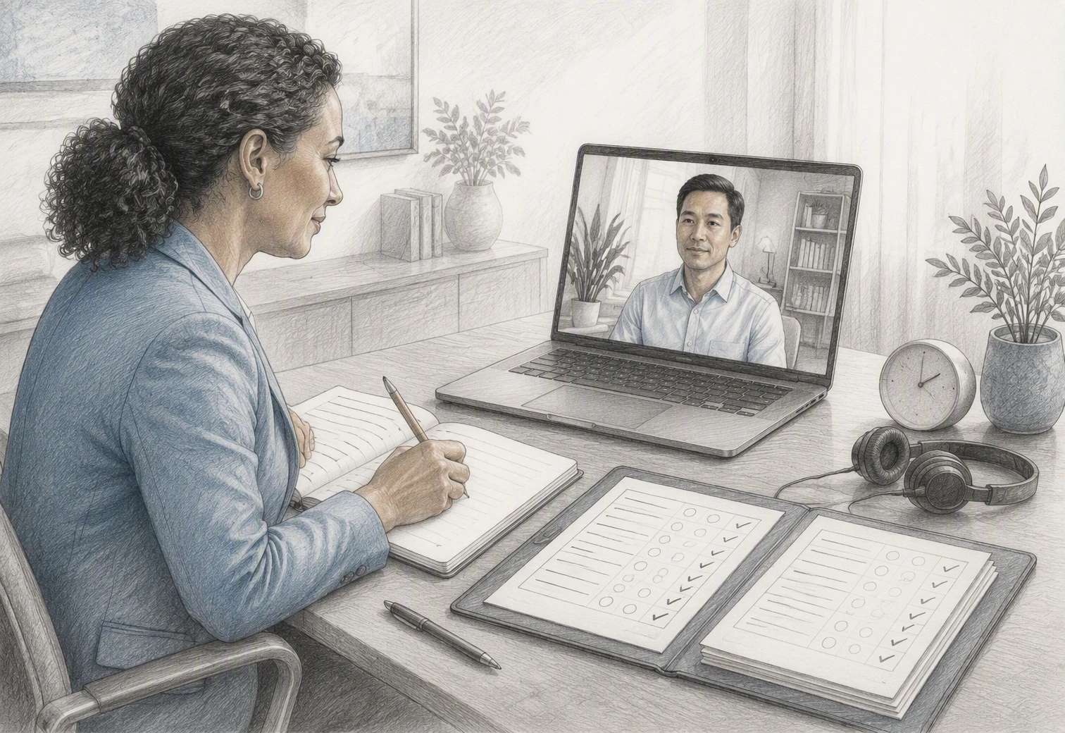 Interviewer scores competency notes during remote hiring