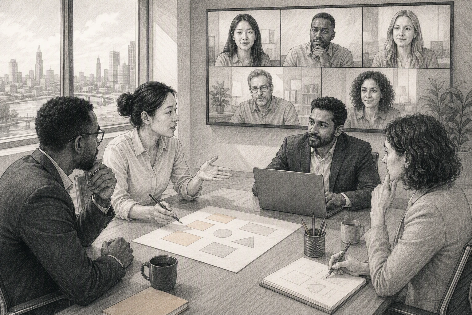 Global team evaluating candidate scenarios via video call