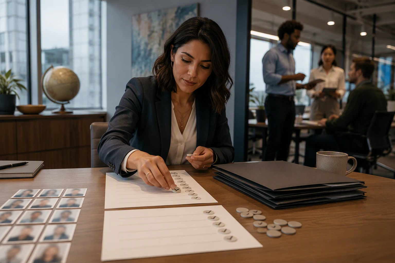 Recruiter evaluates global provider scorecards at desk