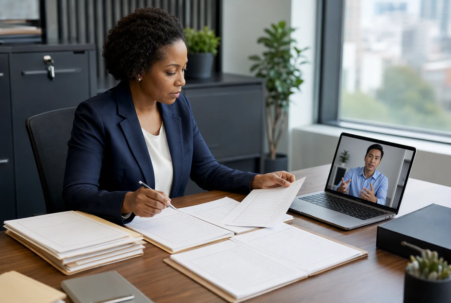 HR compliance officer reviews candidate files during remote screening