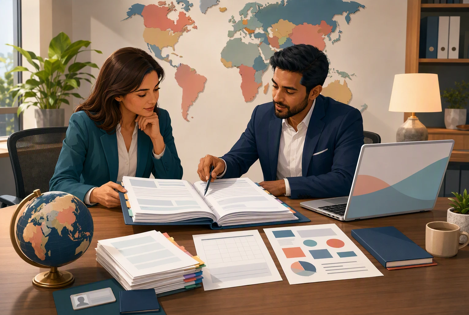 HR manager cross-checks international contract details with local adviser