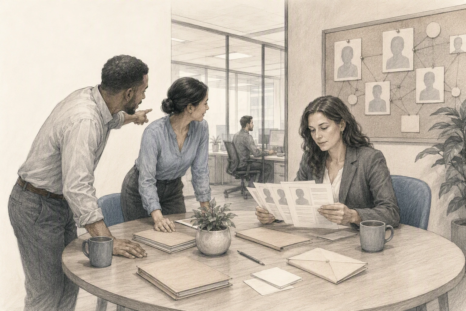 HR manager reviews internal candidates with team leads