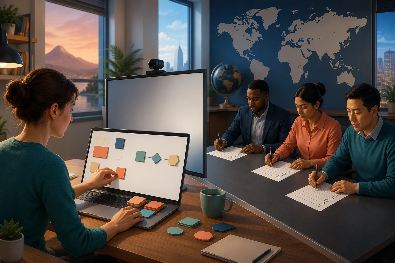 Remote candidate demonstrates skills while interviewers evaluate responses