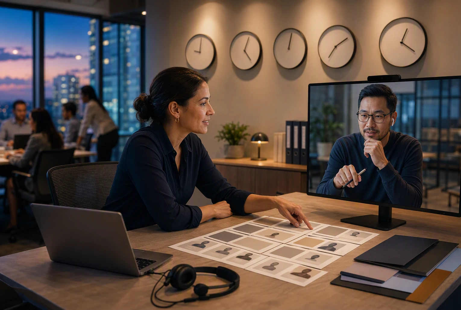 Hybrid team reviewing global candidate shortlists across time zones