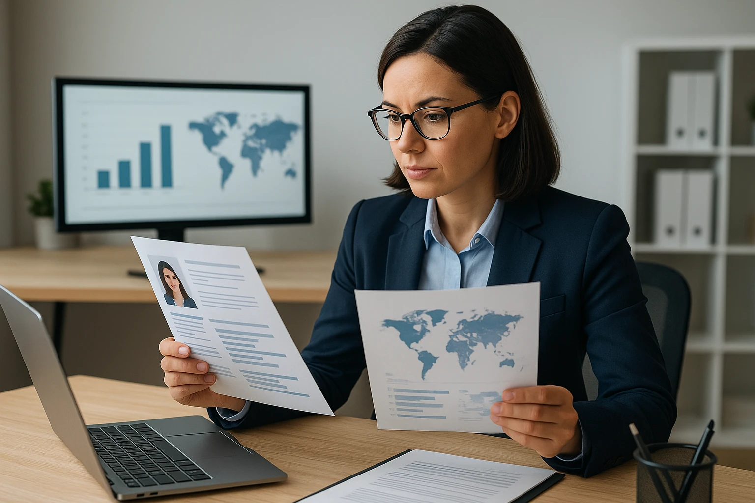 HR leader comparing global candidate profiles with regional maps