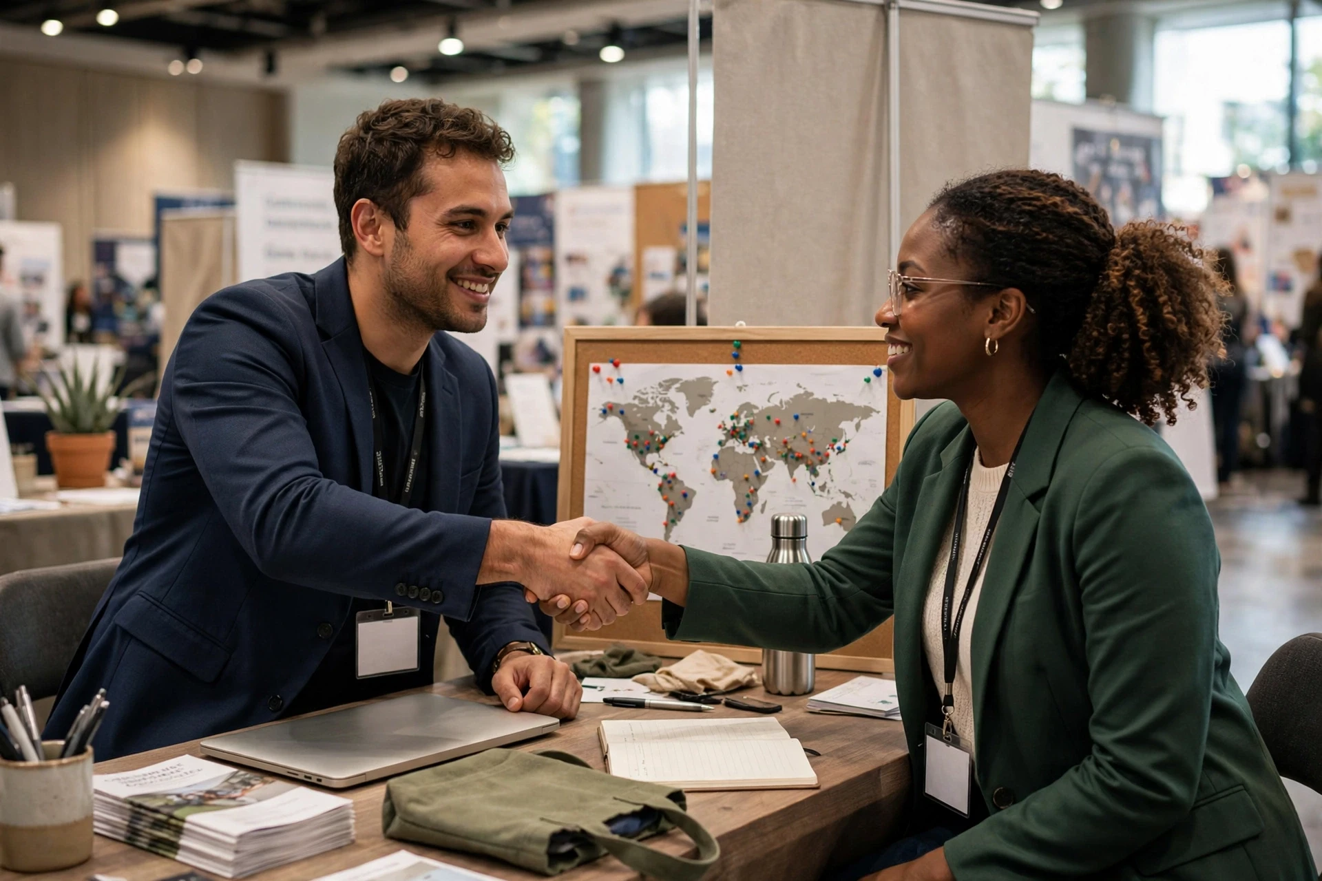 Recruiter shaking hands with university coordinator at career fair