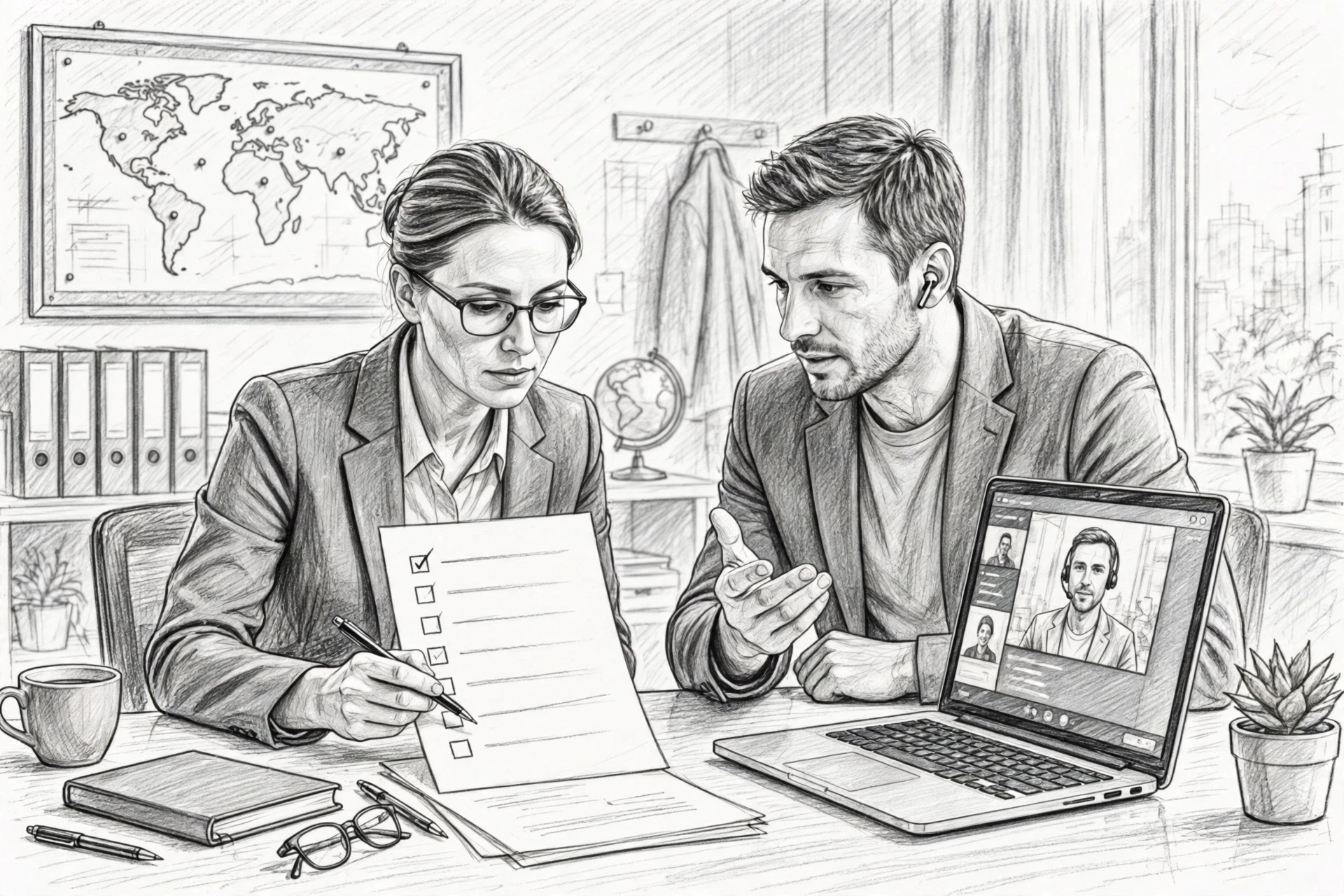 HR manager reviewing compliance checklist beside video call