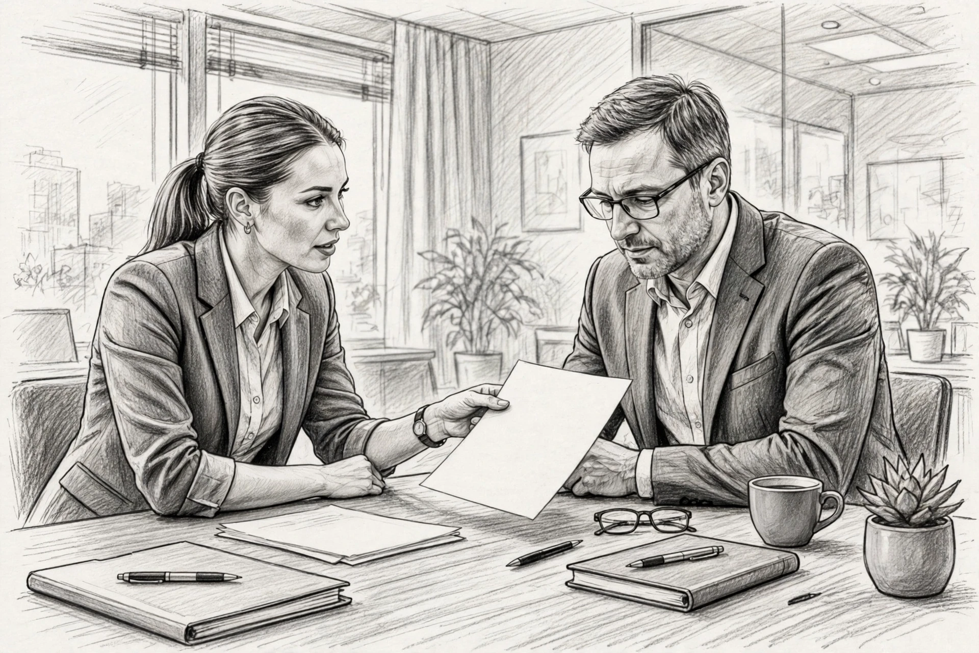 Pencil sketch of recruiter handing scorecard to HR director