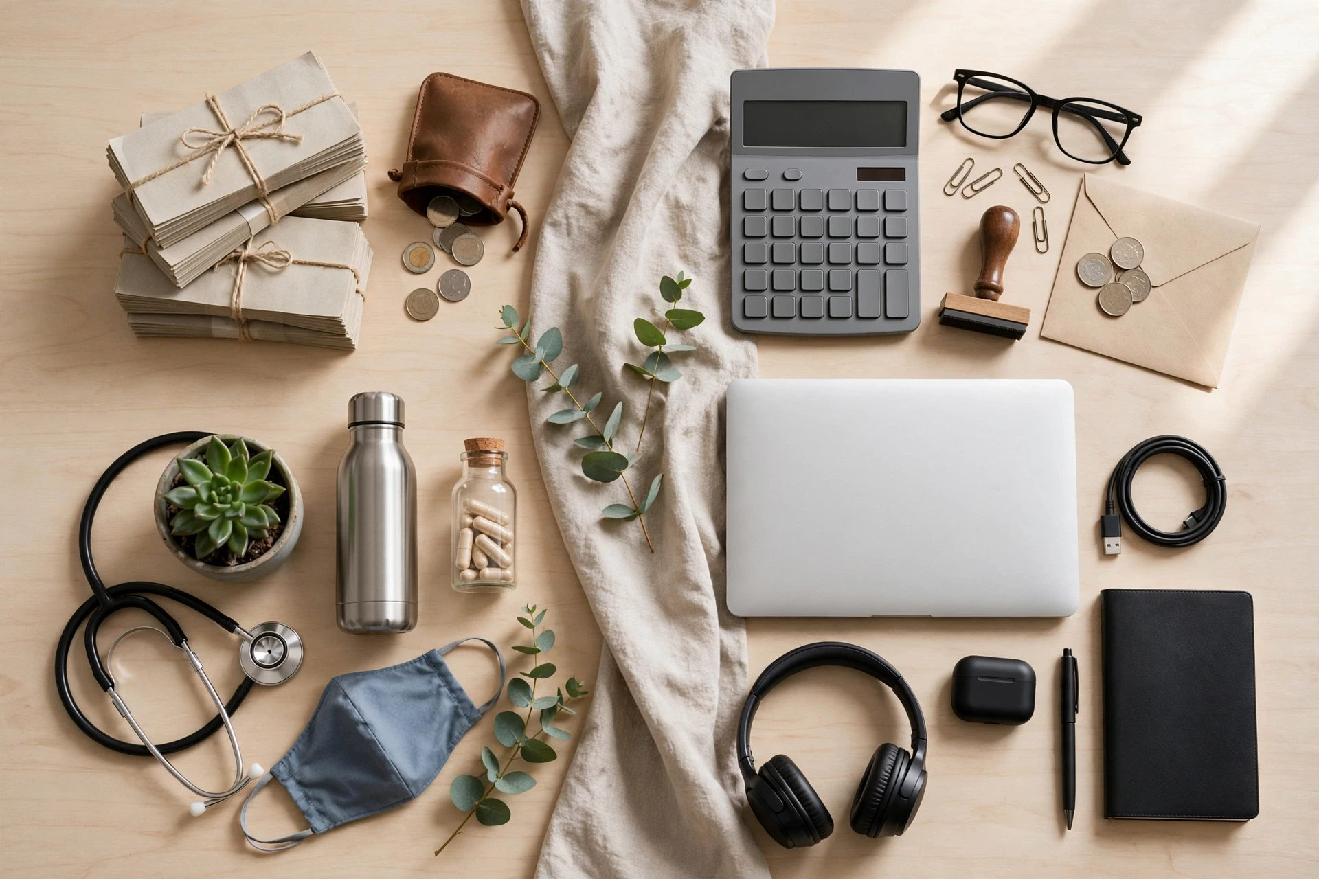 A clean desk with a cost breakdown pie chart
