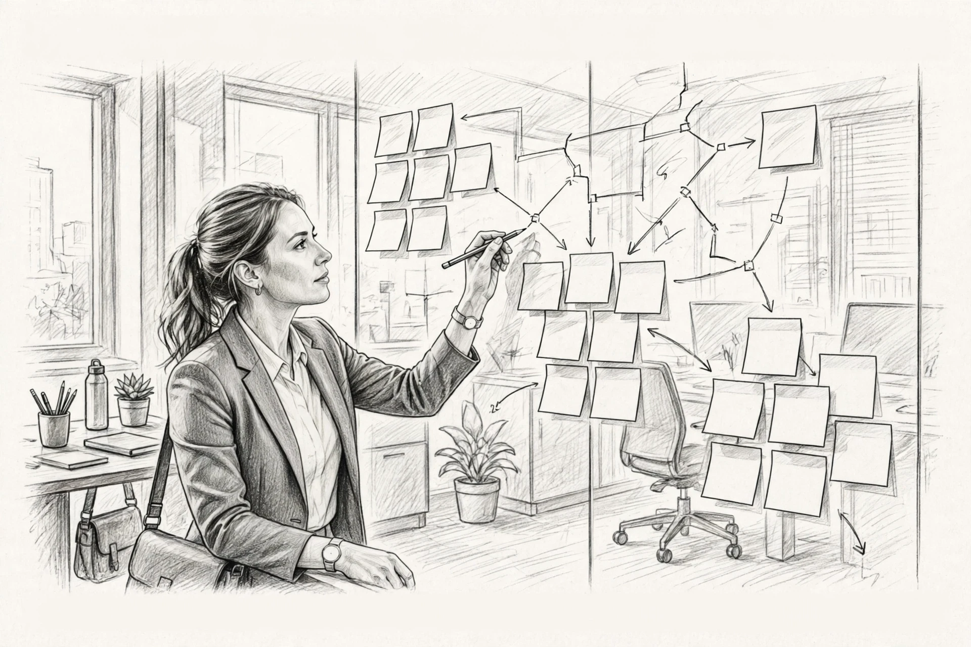 Recruiter mapping referral sources on glass wall