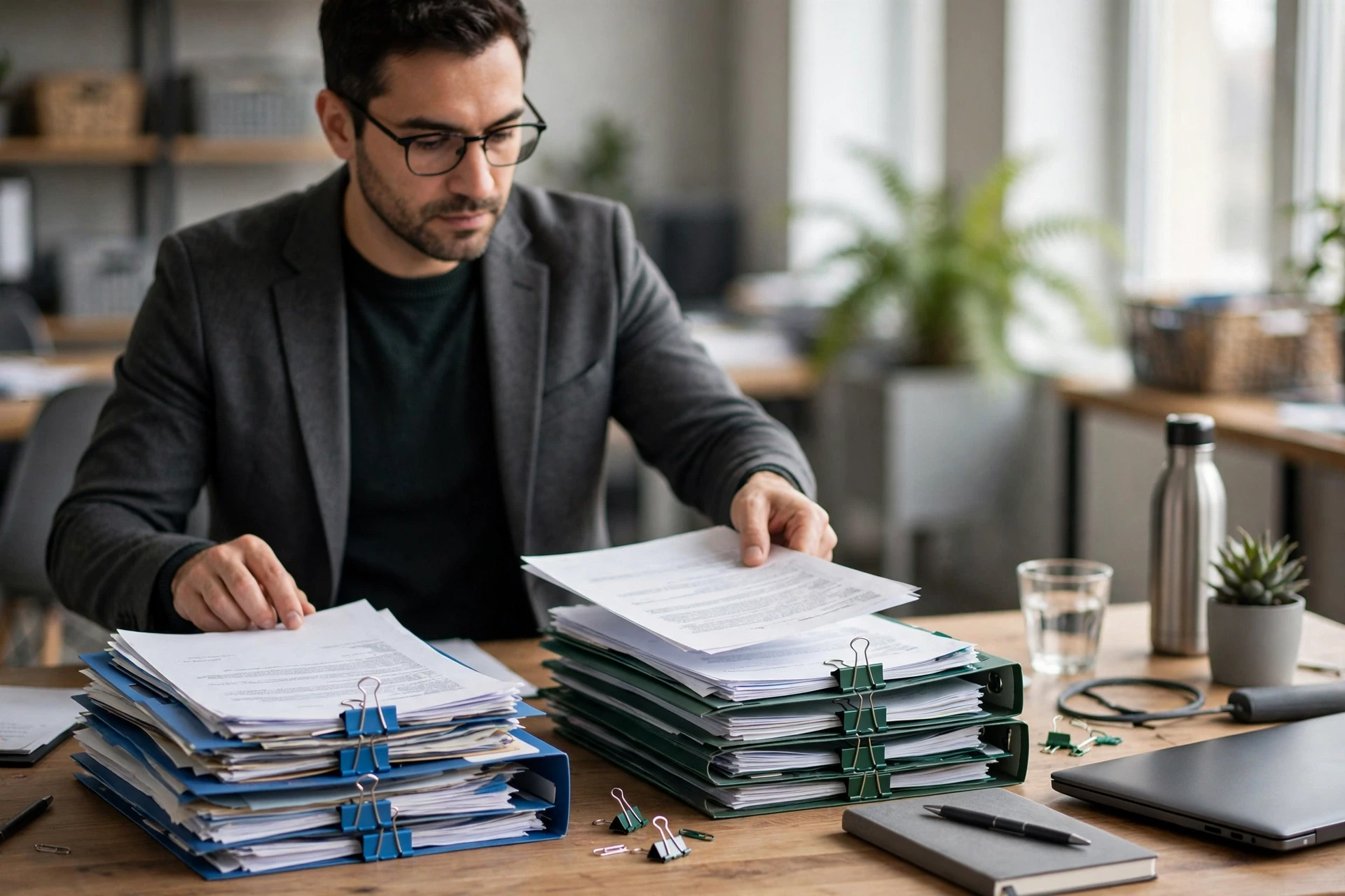 HR manager sorting policy documents into global and local piles