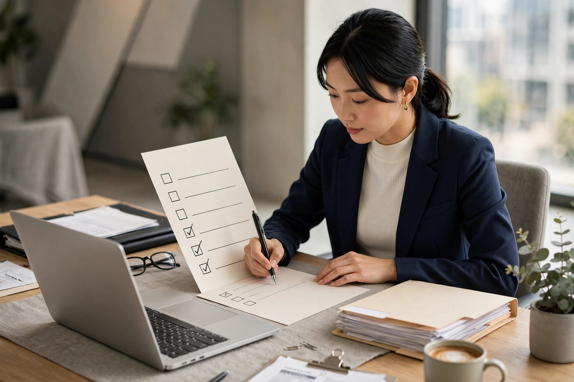 HR professional completing compliance checklist beside laptop