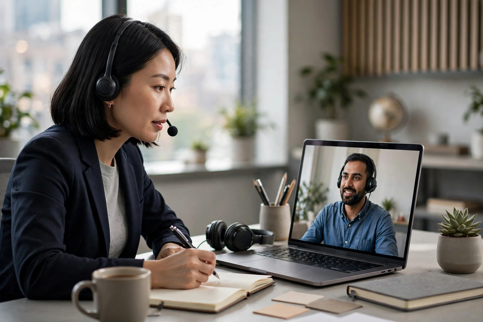 Recruiter interviewing international candidate via video call