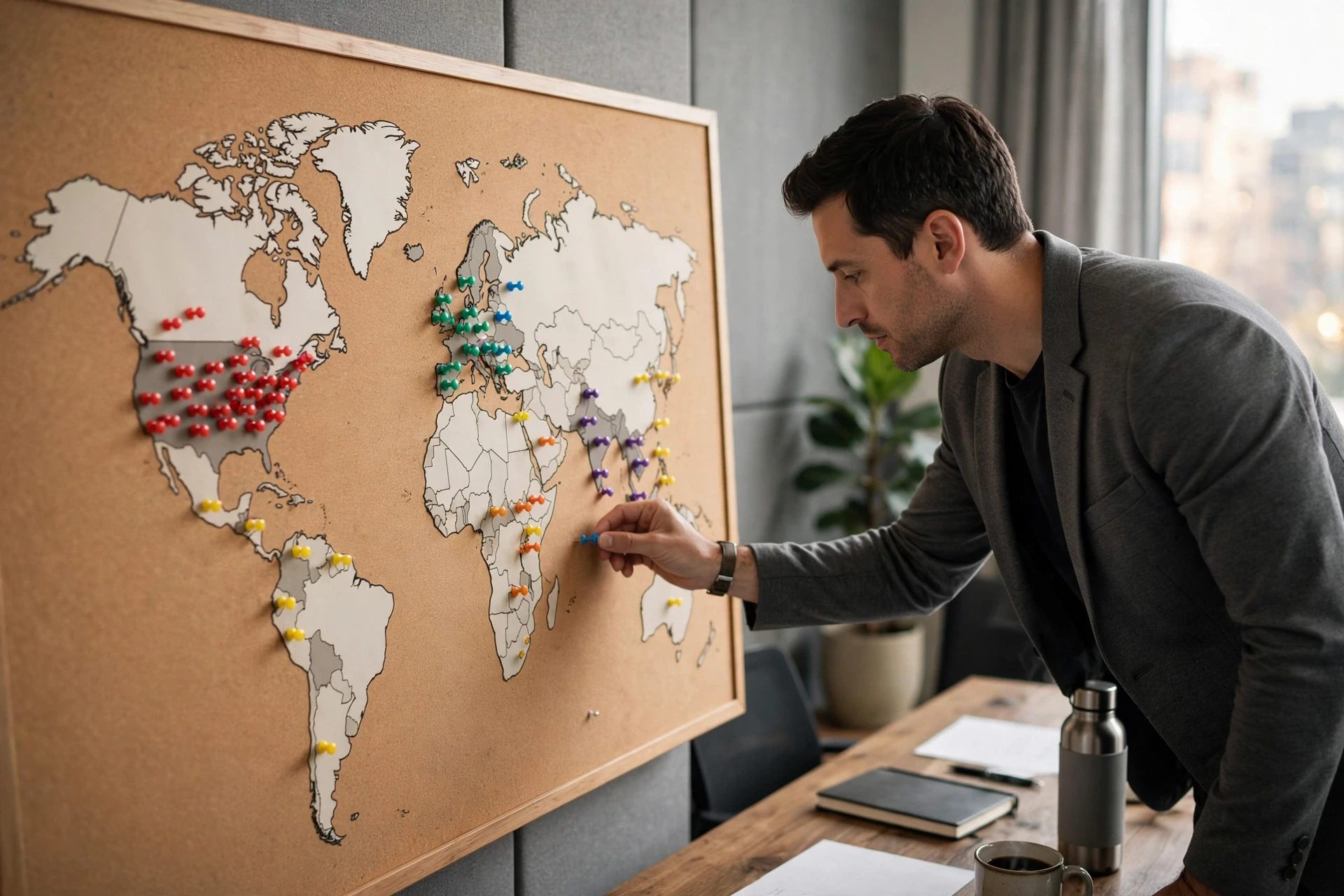 Hiring manager placing pins on world map