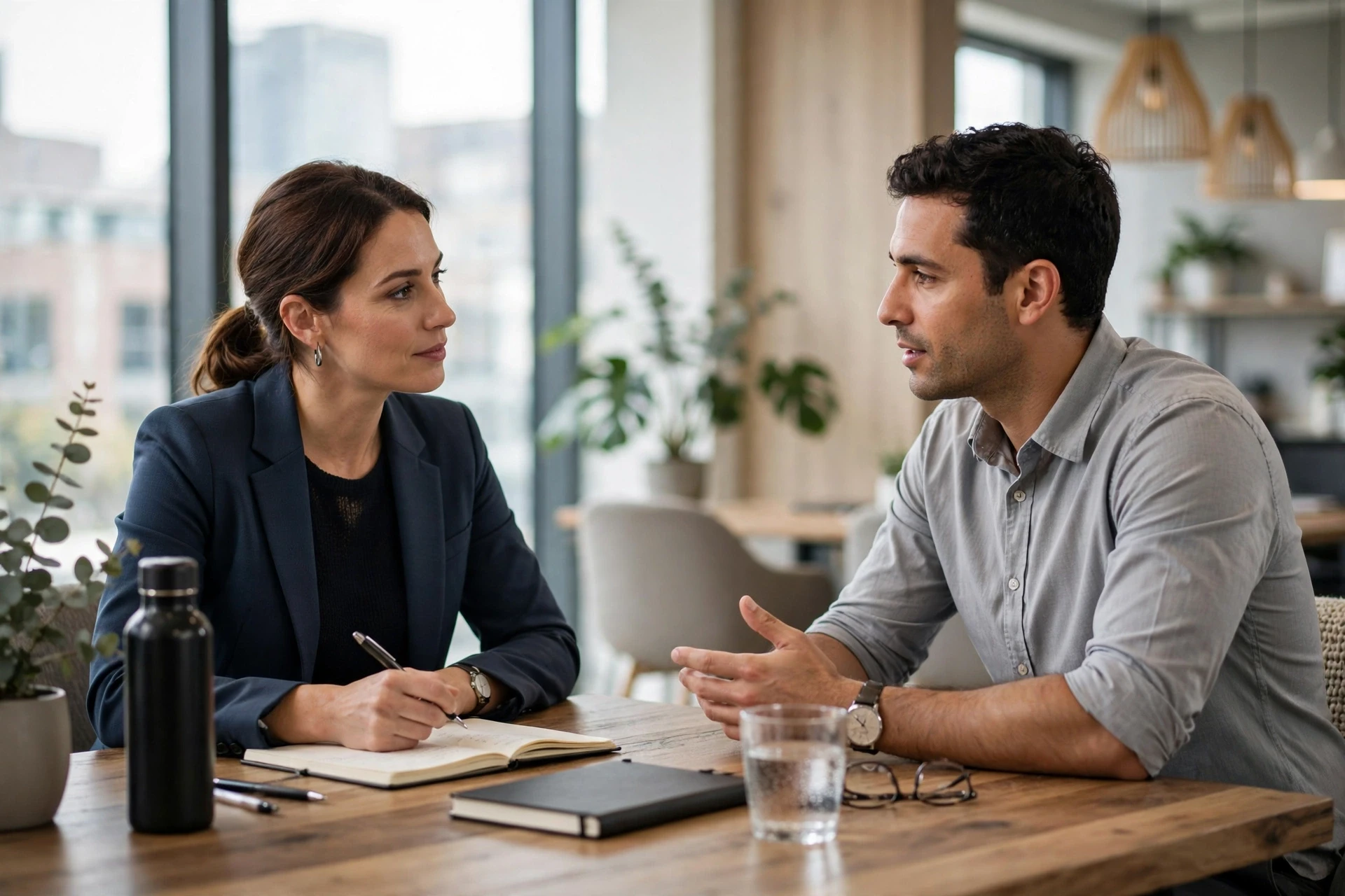 Recruiter interviewing candidate in bright modern office