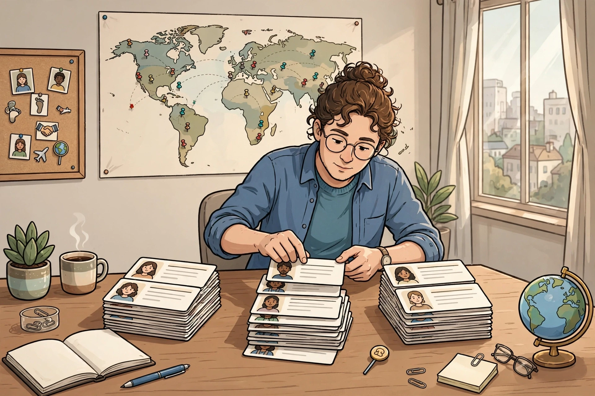 A hiring manager sorting candidate cards into labeled columns on a desk