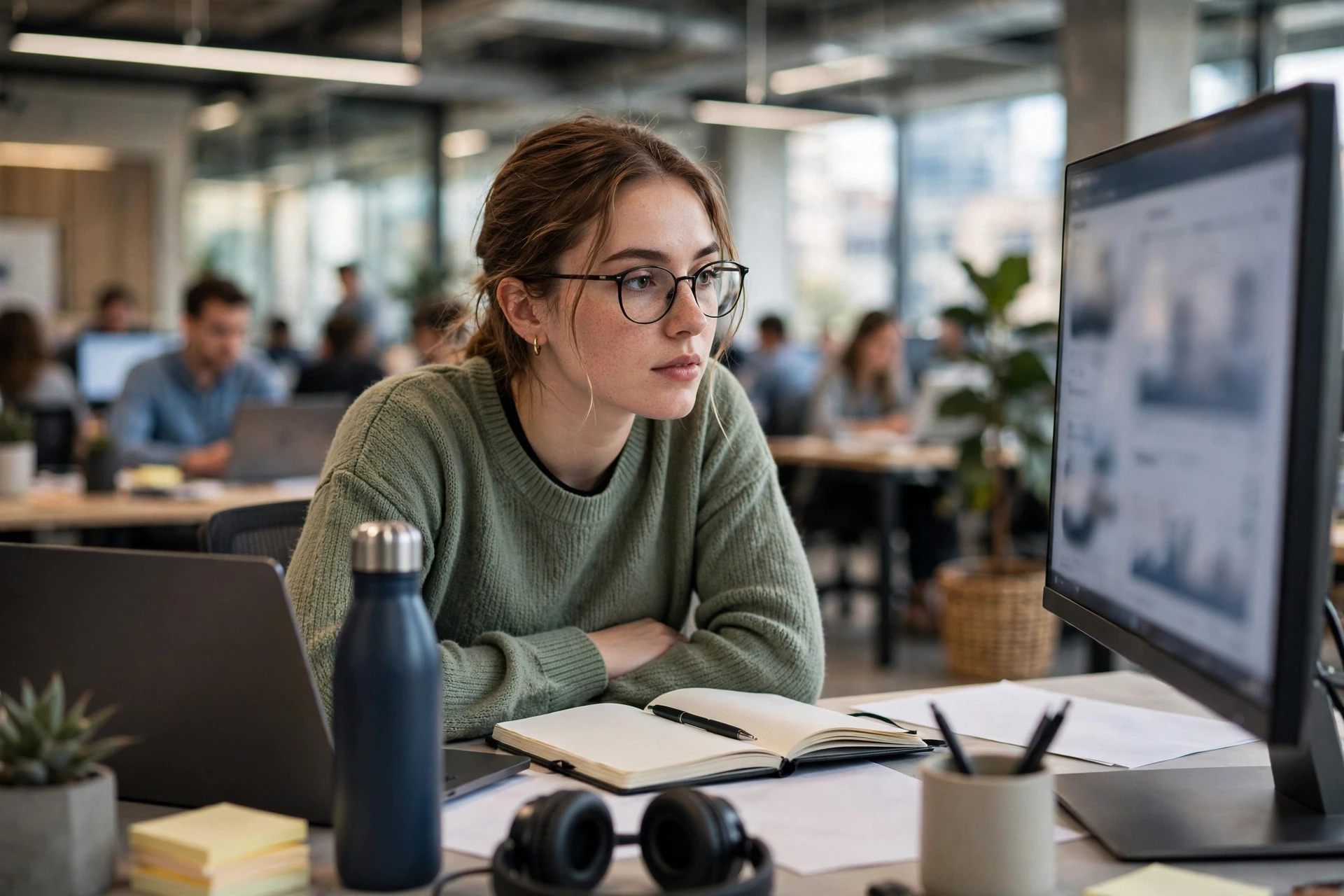 Young analyst reviewing AI reports in office