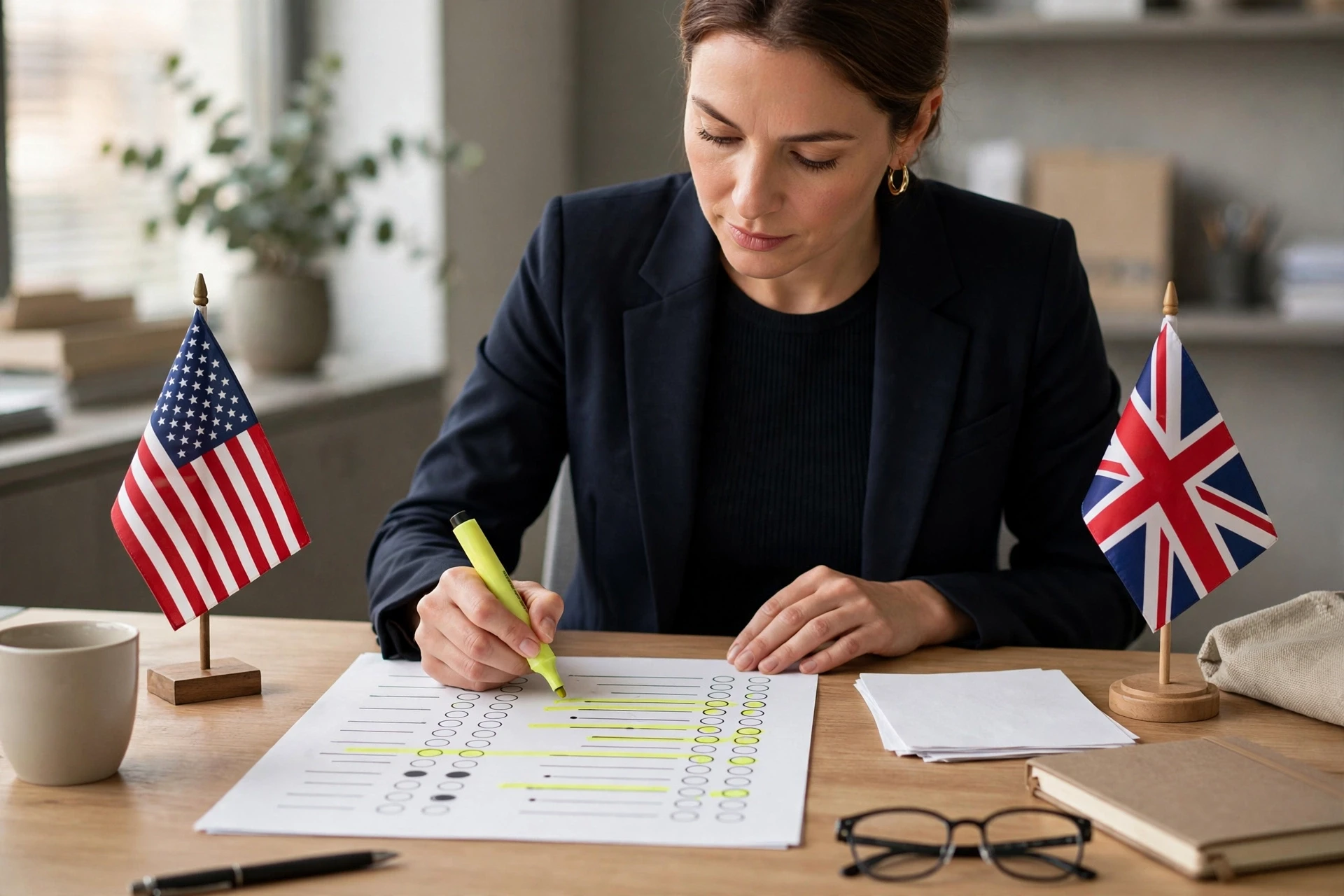 HR leader reviewing printed hiring survey with flags