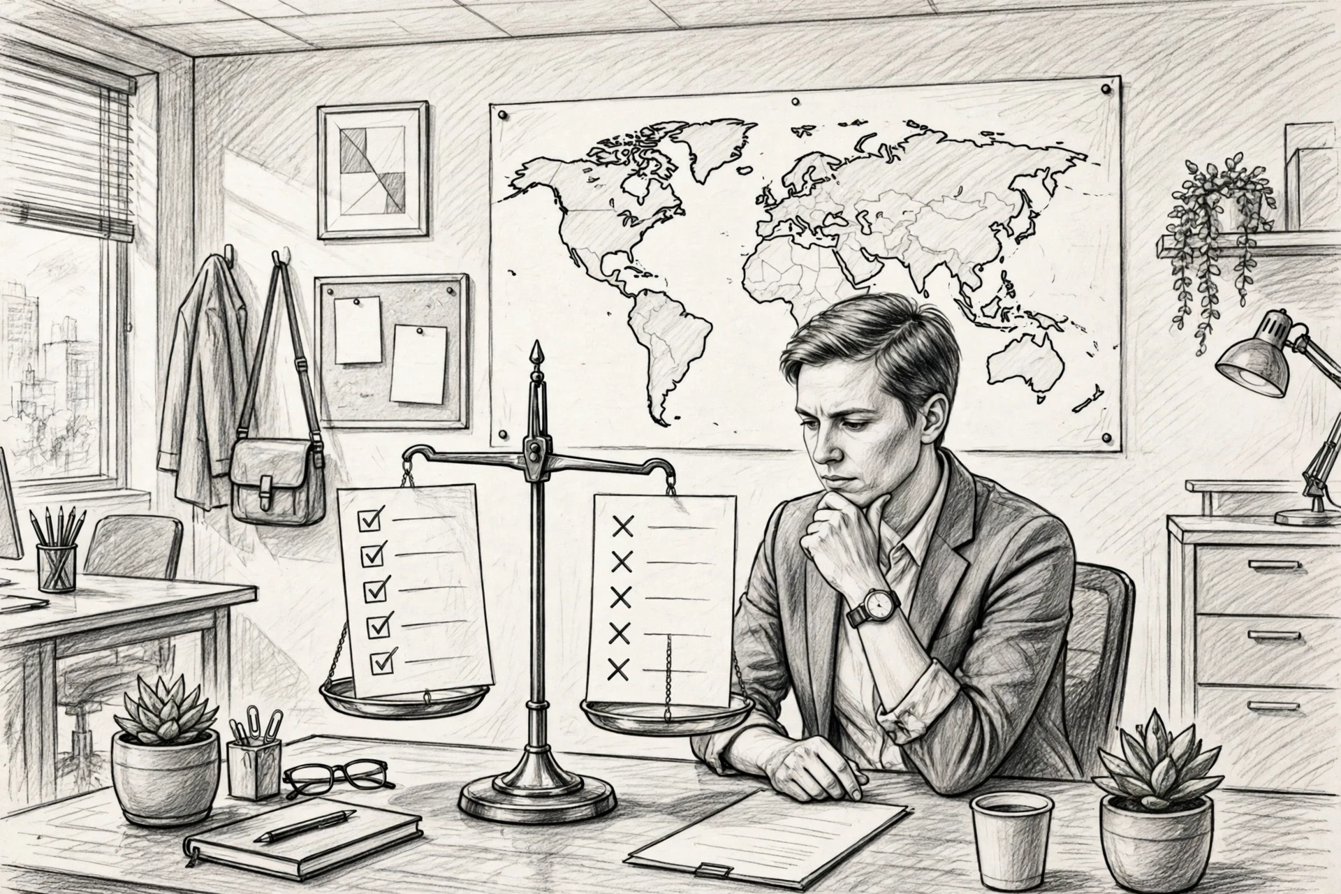 Hiring manager weighing pros and cons beside world map