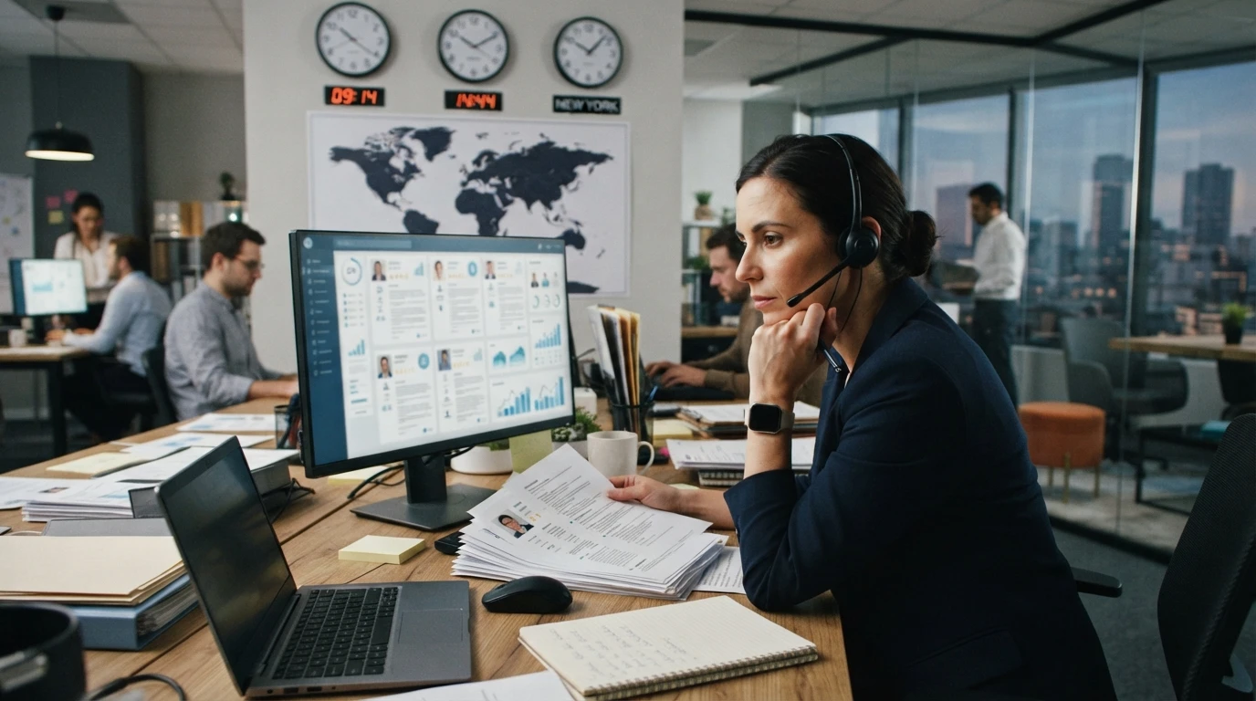 Stressed recruiter reviewing profiles across world clocks