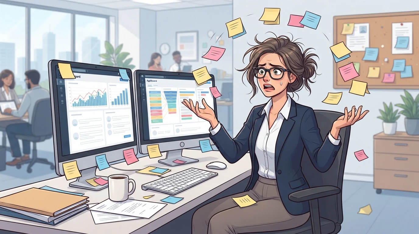 Recruiter juggling sticky notes by dual monitors