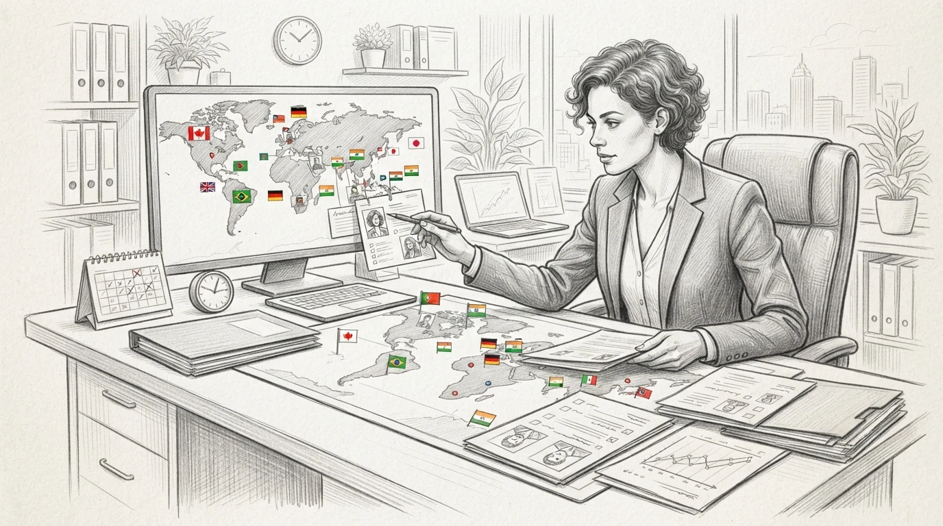 Recruiter reviewing candidate profiles on world map