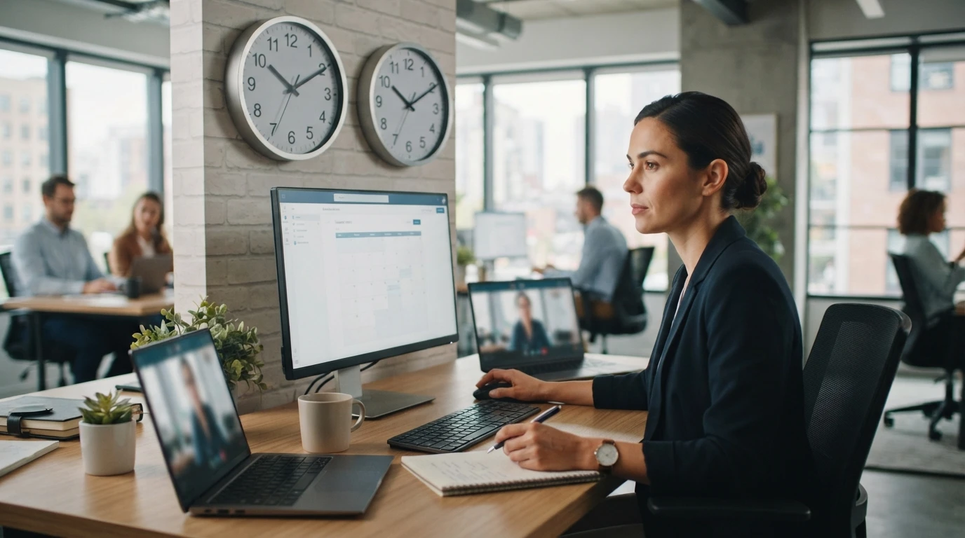 Hiring manager reviewing a dual time zone clock