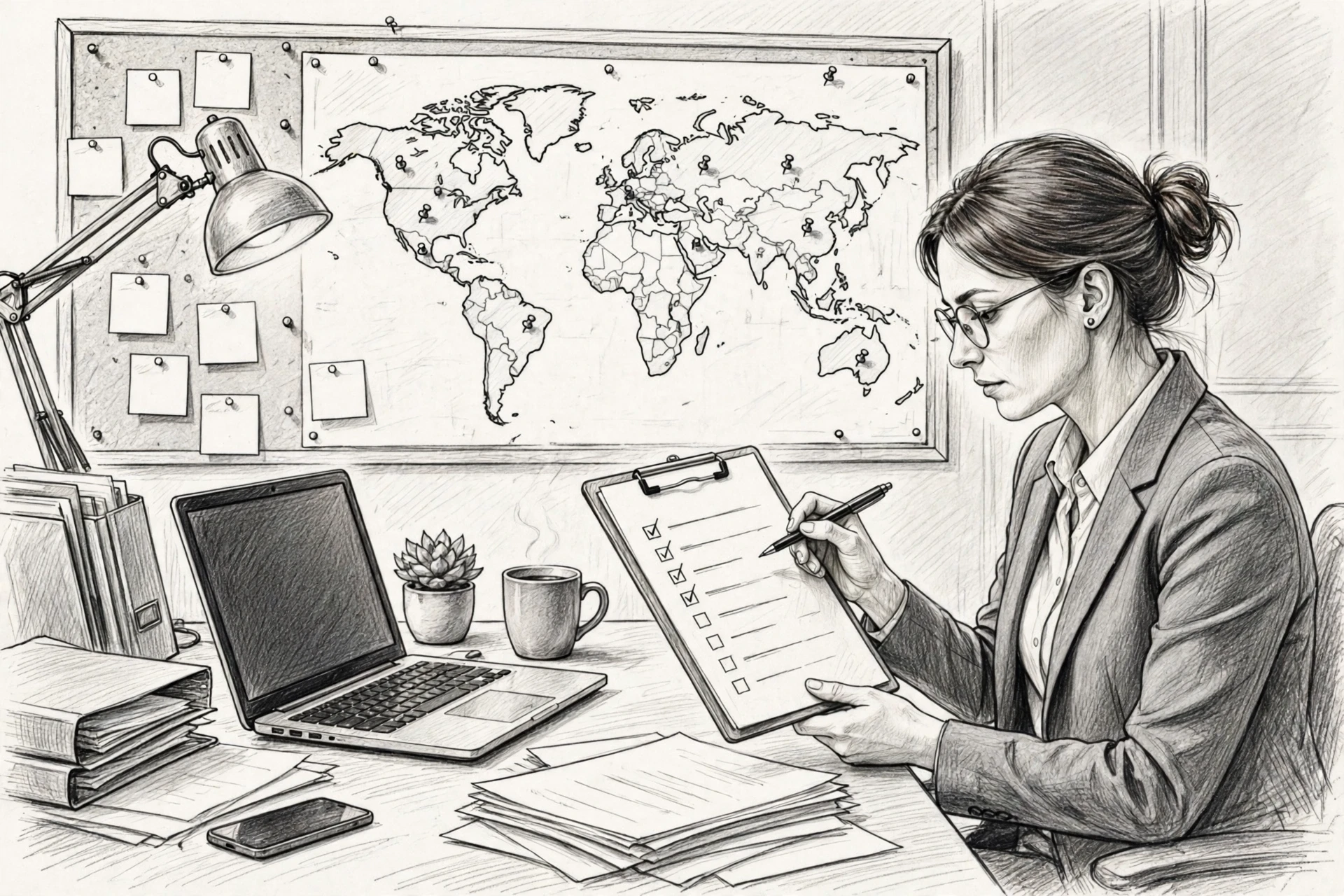 HR manager reviews hiring checklist beside world map