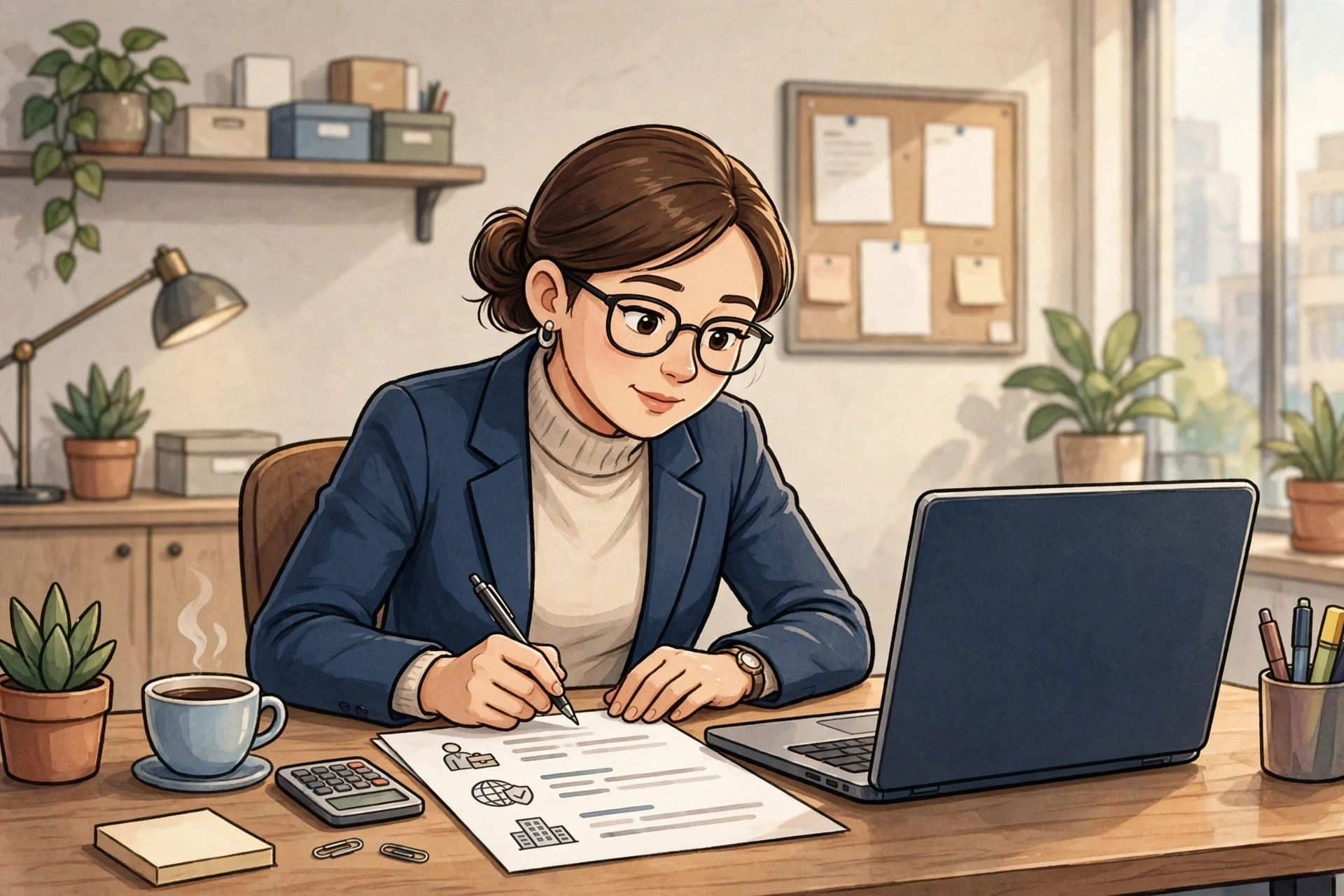 Finance lead reviews international hiring costs beside laptop